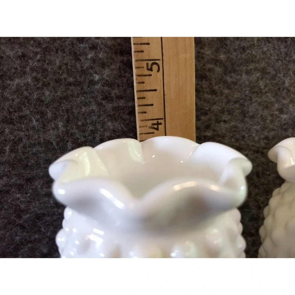 Vintage Fenton White Milk Glass Hobnail Mini Vases Set of 2 Ruffled Crimped Edge